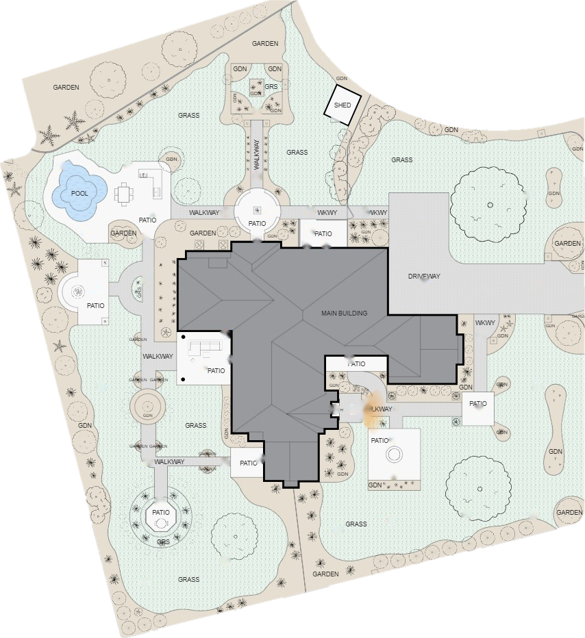 Sample exterior site plan — lot, pool, driveway and landscaping